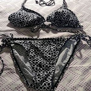 2 Pc String Bikini Black/White Print L
